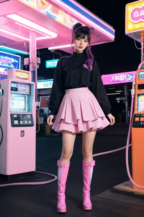 futuristic young woman, dazzling costumes、In a surreal atmosphere々Are standing, Neon lights at a gas station. Gasoline pump, adorned with star, Floating in the air, The hose swings playfully. Vibrant pink and purple hues spread, Creates a surreal and other...