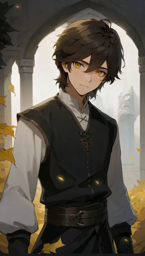 a young man with brown hair and yellow eyes, in the style of dark black and light gold, light white and dark gray, fantasy art, full body shot, 8k, male focus, long sleeves, yellow eyes, brown hair, hair between eyes, leaf, closed mouth, medieval clothes, ...