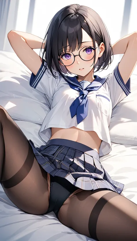 Highest quality、Best image quality、masterpiece、a girl、Beautiful Eyes、black hair, purple eyes、Short bob cut、(sideburns), middle part, (flat chest)、slender、Tight waist、Round Glasses、Beautiful Face、blush, school uniform, short sleeve shirt, skirt lift, black ...