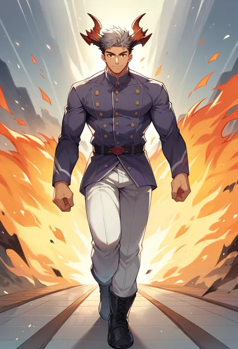 Muscular man, alone, a white windbreaker, White trousers, Gray Hair, Black hair, Japanese-looking man, Dragon Horn, purple military boots, Wicked Smile, Dark brown eyes, Fantastic landscape, walking through a fire of darkness.