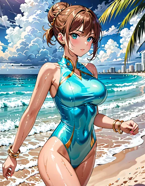 1woman, cute amd attractive woman, adult, Solo, Solo focus, Masterpiece, Best Quality, High Resolution, Detail, Looking at viewer, brown  Hair, Hair Bun, Bangs, aqua eyes, beautiful detailed eyes, beautiful detailed face, aqua satin blue sleeveless leotard...