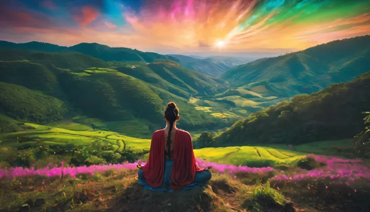 Person meditating. Loose Clothes. grande e belo landscape de um vale florido. Enchanted World. Feeling of contemplation. Symbols of nature. strong and vibrant colors. cinematic lighting.