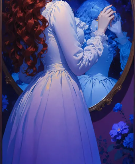 Victorian style, masterpiece, beautiful illustration, oval Victorian mirror with curls, blue color, purple color, one girl holds her hand on the mirror and looks at the viewer, the girl has red wavy hair and yellow eyes, a white Victorian dress, in the ref...