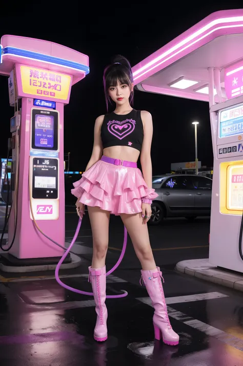 futuristic young woman, dazzling costumes、in a surreal atmosphere々are standing, neon lights at a gas station. gasoline pump, ado...