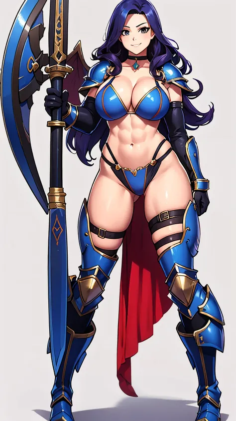 1girl, solo, long hair, breasts, smile, simple background, white background, gloves, navel, cleavage, full body, weapon, boots, choker, elbow gloves, midriff, sword, armor, thigh strap, abs, helmet, curly hair, shield, bikini armor, winged helmet, soldier ...