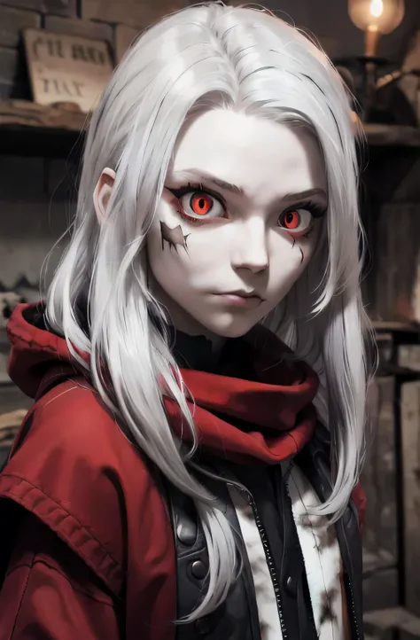Masterpiece, best quality, 8k, dark lighting , dramatic shadows, cowboy shot, 1girl, (((colorless skin, white skin))), pale lips, ((((white hair)))), solo, (very long hair, matted hair, straight hair, messy hair, tangled hair), expressive eyes, large eyes,...