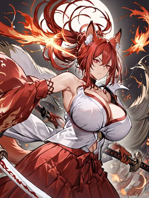 8K Top quality Masterpiece Somewhat close Long red ponytail Red fox ears Nine fox tails Very large breasts Red eyeshadow on lower eyelids Five fingers Alluring Japanese style Kimono Wearing a red jacket Long hakama Toned body Flame hell Japanese sword wit...