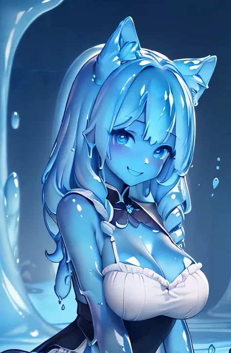  ((masterpiece,best quality,ultra-delicate,Perfect Face,16k,high resolution,very beautiful girl)),blue slime girl,high viscosity blue slime body,black and white maid dress:1.5,cat ears,large breasts,,smile,standing,blue slimy caves,melting body,tranceparen...