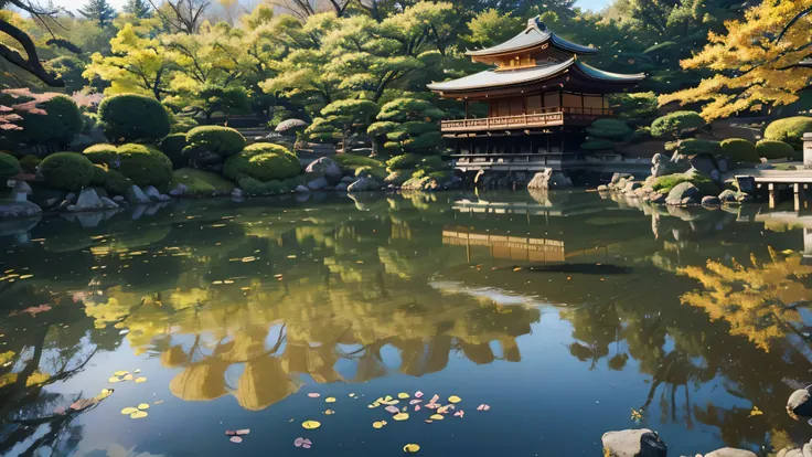 Renaissance style oil painting depicting the reflection of Kinkakuji in a pond in Kyoto, Japan,The Golden Pavilion sparkles in the sun,The surrounding maple trees add to the flavor of the season。