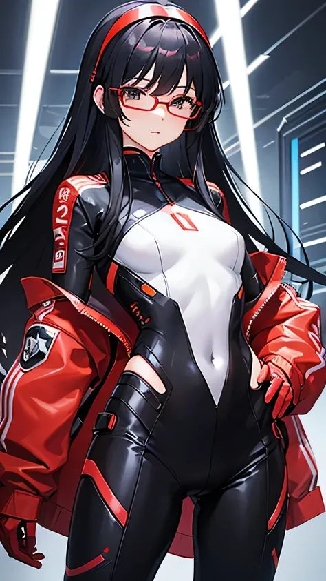 High tech, futuristic, cyberspace, hot Korean girl, soft smile, wearing red glasses, hair held back by a headband, cyber clothes, technology, small breasts, flat chest, leather jacket, modest clothing, LED light strips, well covered, anime style, soft colo...