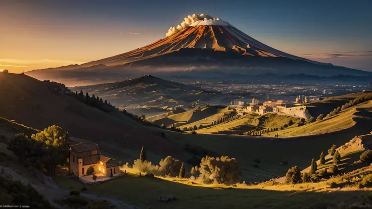 Renaissance-style oil painting depicting Mount Etna in Sicily, Italy，Volcano emitting smoke at sunset，The surrounding pastoral scenery showcases the splendor of nature。