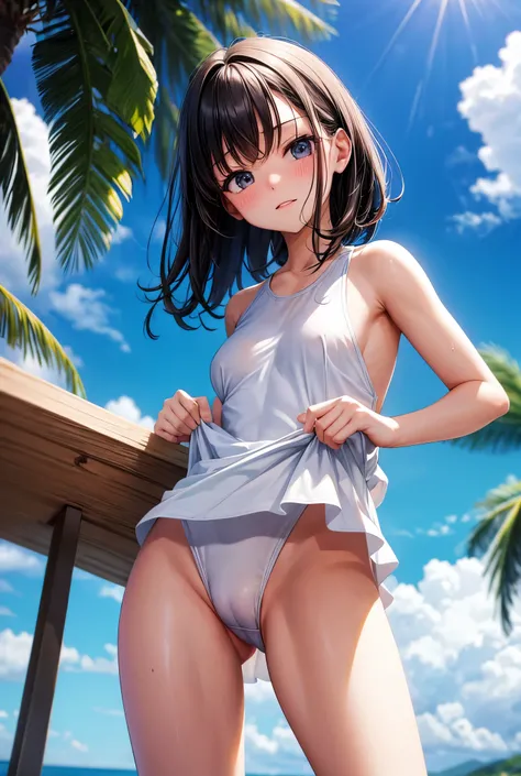 high school girl　White swimsuit　Very small swimsuit　Emphasize the muscles of the pussy　Embarrassed expression　Spread your legs wide　Sexual pose　Angle from　Genitals are visible