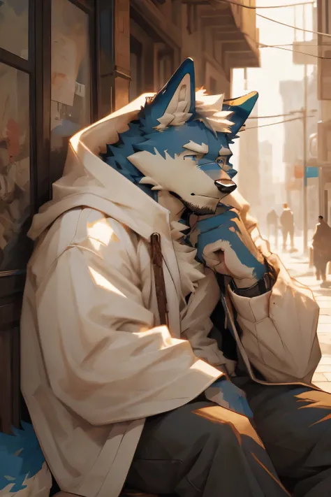 street,rug clothes,rack for painting,fantasy,Fantasy Street，Ragged clothes，Sitting，painter，painter,bittersweet,sad,blue wolf,anthro wolf，浅蓝色和白色Coat，muted pastels, furry male，furry，Male focus，short hair，blue eyes，White fur，Animal ears，only，Pants，hood，Scars ...