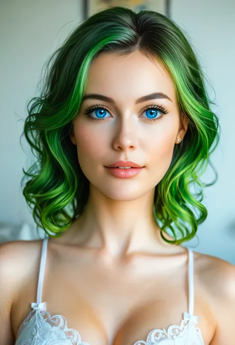 a woman with green hair and blue eyes, a photorealistic painting by Ross Tran, cgsociety, fantasy art, beautiful fantasy art portrait, realistic anime 3 d style, realistic anime art style