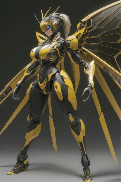 One girl, High resolution, Girl robot,Wasp motif,Large compound eyes,Large Breasts,Mechanical Ponytail,Wasp wings,Light yellow body,Simple body,whole body