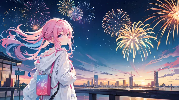 A pretty girl with soft pastel colored hair and clothes、A scene looking up at a full-sun fireworks display。In the background々Many colorful fireworks spread beautifully across the night sky.、The painting depicts the girl looking at the scene from behind.。Th...