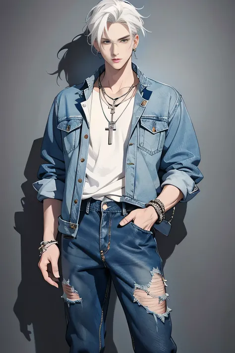 anime boy, Full body painting，Whole body，1 person, main character, Aesthetic, White hair on the front, , ring, necklace, bracelet, denim jacket, Pants, High target, Mature, older,  (masterpiece), (best quality:1.1),(Ultra-detailed),Best Illustration,Finely...