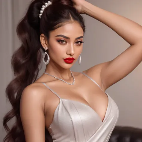 Create an ultra-realistic image of a modern, attractive female influencer of Indian descent, aged between 27 to 30. She should have a warm and inviting smile, expressive almond-shaped eyes with a slight shimmer, and clear, glowing skin with a medium brown ...