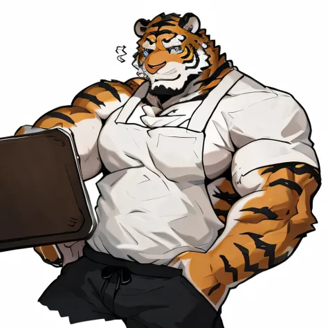 1 boy, Solitary, anthropology,tiger, hairy, From south to north, the fur turns red, Where people gather，Sparkling blue eyes, Pink hunk，Have abdominal muscles，muscular, Handsome, apron, Black pants, White shirt, lie on the floor, sleep, high quality, Super ...