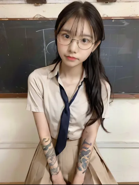 1girl, raw photo, 8k, (top-quality), Realistic, (real picture, Intricate details), (natural skin texture, detailed skin, hyper realism, sharpness), Japanese teenage glasses girl sitting on school desk in old high school classroom, ((school uniform)), (blue...