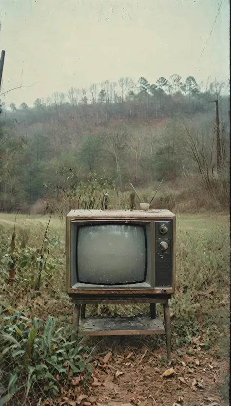 A weathered old TV set, muted color palette, Georgia countryside landscape, film grain texture