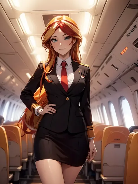 Sunsethuman, female, two-tone hair, red and yellow hair, as a sexy stewardess, nude, panties around legs, standing inside a passenger airliner, standing in the aisle between the rows of seats, smiling, dim lighting, night