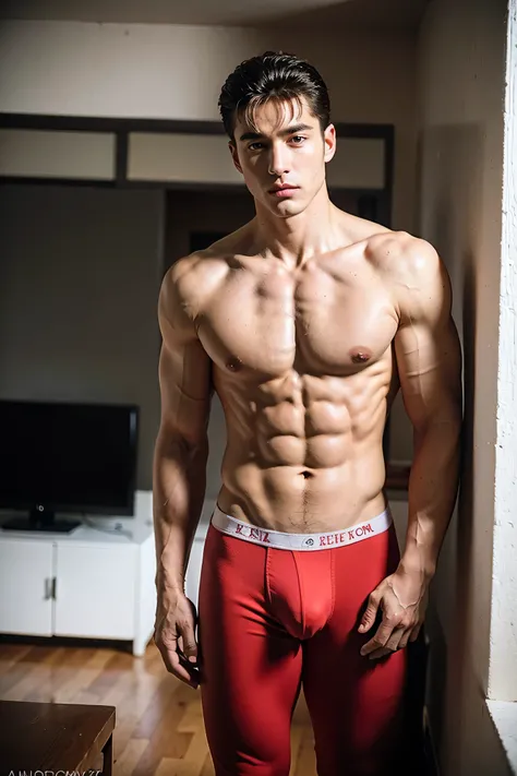 Realistic photography, handsome man ,Living Room,Bulge, shirtless, red underwear, standing, 
