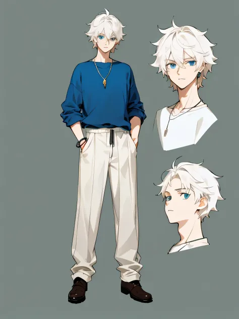 Absurd answer, high resolution,full-body shot，Front view，Solid color background， (masterpiece:1.4,  Character table design, Accurate anatomy, 1 male, boy with messy hair, Warm man，front，White hair，Blue eyes，sweater，Loose trousers, earrings，necklace，Bracele...