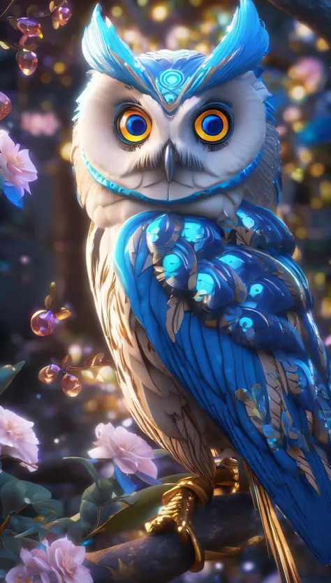 Blue eyed owl illustration, Unreal Engine Rendering + goddess, Very detailed , B Global Illumination, Exquisite and gorgeous jewelry, Top Trends on cgisociety, Motion Graphics, rossdraws Global Illumination, CG Association