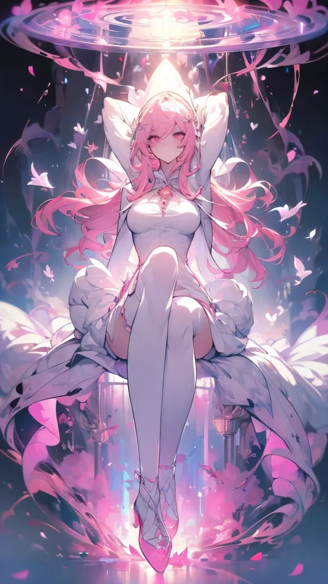 ((masterpiece， best quality))，Elemental Magician，Pure white background，Detailed face，whole body，High heel，Perfect body proportions，Glowing eyes，sexly，Pink and white，Bell，Hoodie，Petals falling，extremely beautiful，transparent，Gauze，NUDE，Fishnet stockings