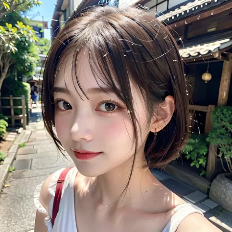 One beautiful girl,Beautiful attention to detail,Beautiful lip detail,Very detailed目と顔,Long eyelashes,Standing in a scenic alley in Kyoto,Japan,Natural Makeup,Brown hair blowing in the wind,A gentle smile,ultra-Realistic skin,Fine pores,Even, Healthy Skin ...