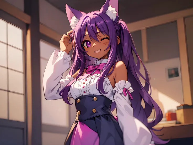 score_9, score_8_up, score_7_up, source_anime, 4k, official art, depth of field, extremely detailed CG, double exposure, cowboy shot,
meredyceles, purple hair, twintails, purple eyes, dark skin, wavy hair, sidelocks, long hair, Fox ears, looking up, one ey...