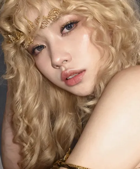 blond woman with a gold head piece and a gold bracelet, pale skin curly blond hair, portrait of kim petras, ava max, face like ester exposito, blonde goddess, looks like a mix of grimes, she looks like a mix of grimes, very very pale blond hair, porcelain ...