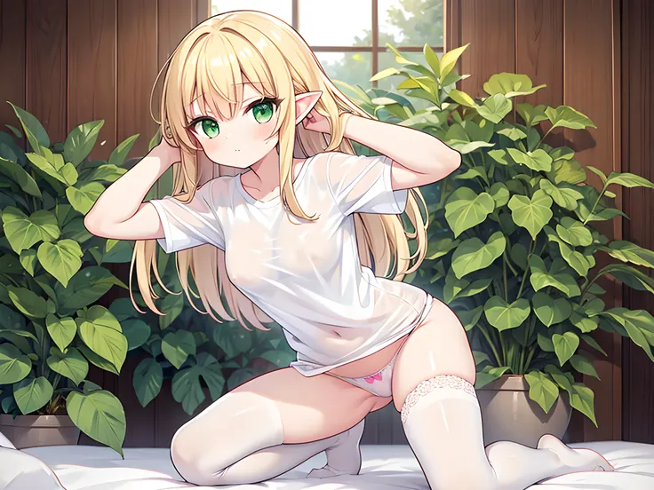 cute, lovely, beautiful, (dynamic angle:1.2), 1 elf girl, solo, long hair, blonde hair, green eyes, shy, medium breasts, slender body
BREAK
(transparent white t-shirt: 1.4), nudie breasts, (high quality panties: 1.2), pink lace panties, (sheer tights)
BREA...