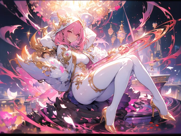 ((masterpiece， best quality))，Elemental Magician，Pure white background，Detailed face，whole body，High heel，Perfect body proportions，Glowing eyes，sexly，Pink and Gold，Bell，Hoodie，Petals falling，extremely beautiful，transparent，Gauze，NUDE，Fishnet stockings