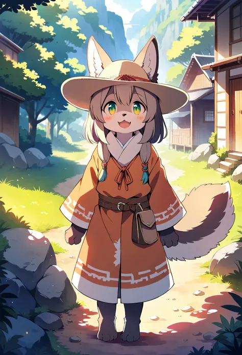 cover page, Detailed background(1girl, kemono, furry anthro, full body)A Western, Happy, joyful(Photos of solo travelers),