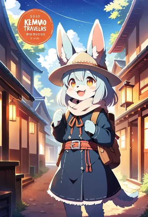 cover page, Detailed background(1girl, kemono, furry anthro, full body)A Western, Happy, joyful(Photos of solo travelers),