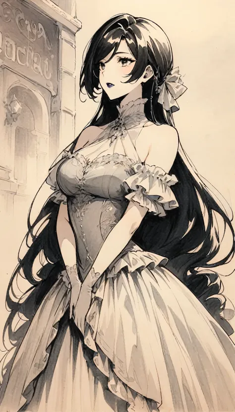 Lin Mingmei, 1 lady, alone, monochrome, very long hair, royal victorian dress, looking at the audience, skirt, long hair, traditional media, sign, Bangs, cosmetic, black hair, Upper body, lipstick, styled hair, bridal gloves, sleeveless