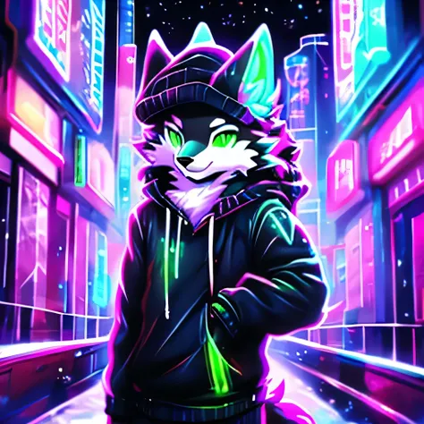 personality、رجلy people、Frey、teenager、Black and white fur、Black sweater with winter hat、green eyes、wolf、ذيل الwolf、clarification、black pants neon lights,Modern neon lights,neon LED