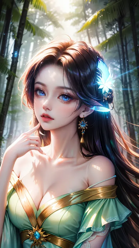 masterpiece, best quality, Ultra-high resolution, Fluorescent Color,, 1 girl, Looking at the audience, Pretty Face, beautiful eyes, (Off-shoulder: 1.2), Looked up, Upper Body, forest, Shiny hair, Glowing skin, Glow emission reduction, Qibi, Finger proporti...