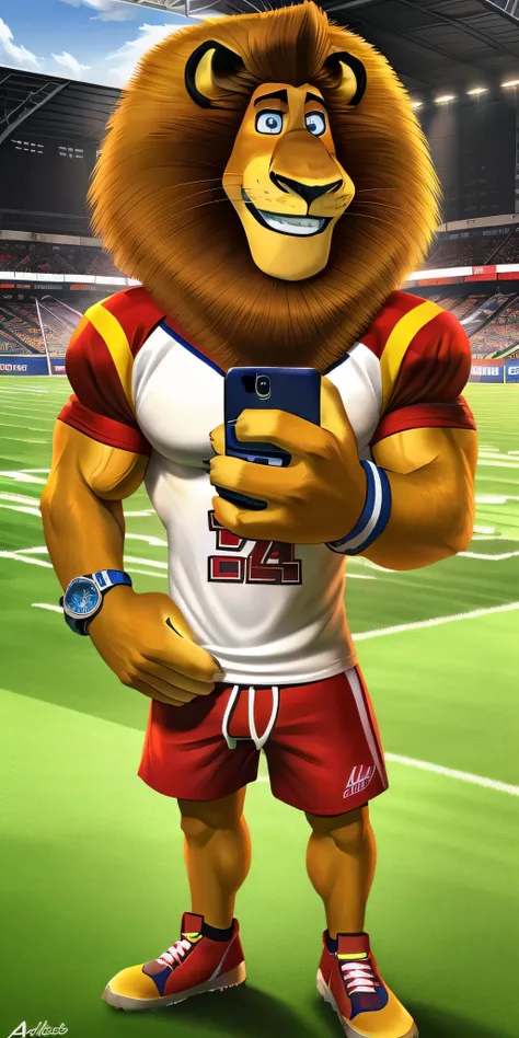 Alex the Lion, muscular body, big biceps, extremely beautiful and cute face, perfectly detailed blue eyes with perfectly detailed pupils, wears football gear, football t-shirt, football shorts, football sneakers, fancy watch on his right wrist, selfie, sta...