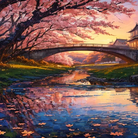 painting of a bridge over a river with a bridge in the background, beautiful art uhd 4 k, anime art wallpaper 8 k, anime art wallpaper 4k, anime art wallpaper 4 k, anime background art, 4k detailed digital art, detailed painting 4 k, anime beautiful peace ...