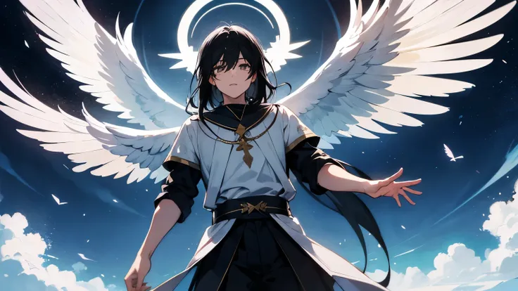 Seraphim hung in the air, levitation, handsome guy angel with black hair, arms to the sides