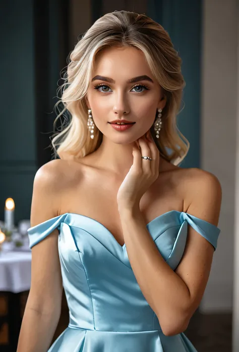 Realistic photo of the upper body of a blonde bridesmaid aged 23 with long hair, beautiful face and ready to kiss, necklace, She looks into the camera in a long bodycon dress with off-shoulder straps made of shiny light blue satin..., Festsaal,Glamour phot...