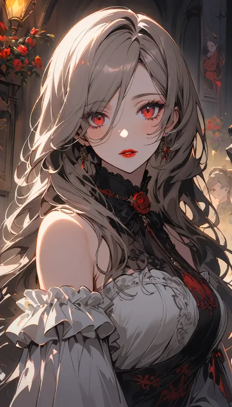 Lin Mingmei, 1 lady, alone, interested , princess, long hair, elegant victorian dress, looking at the audience, skirt, long hair, blood red eyes, eyes, sign, Bangs, cosmetic, silver hair, Upper body, lipstick, styled hair, bridal gloves, sleeveless