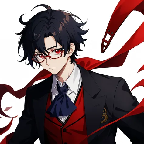 1boy, anime, unkempt_short_wavy_hair, black_hair, navy_blue_long_coat, black_waistcoat, red_ascot_tie, red_eyes, black_glasses, looking_at_viewer, white_background, close-up