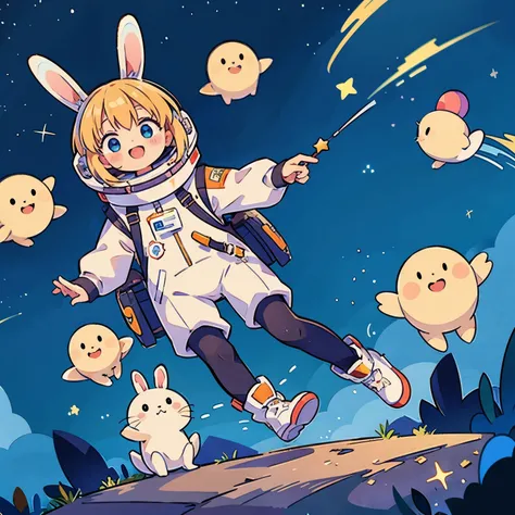 Highest quality, masterpiece, Spacesuit, White Rabbit, shooting star, Starry Sky