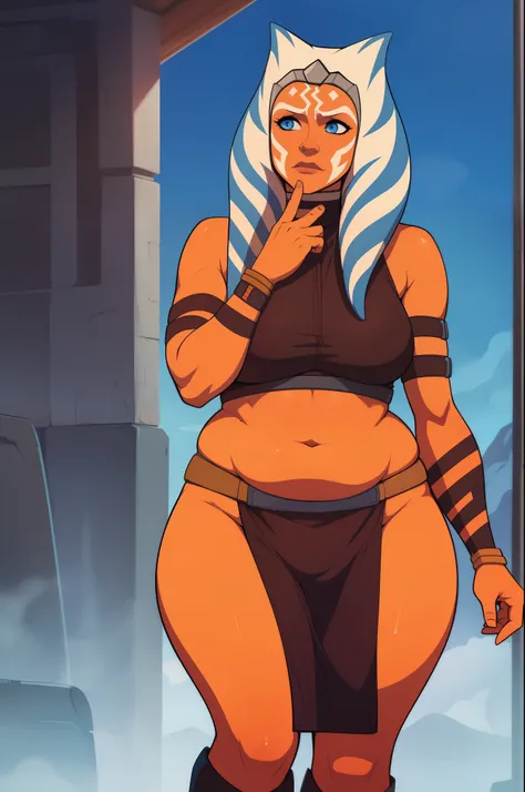 1girl, Ahsoka Tano, orange skin, chubby, adult, curvy, fat, long montrals, long lekku, chubby belly, long hair, thick thighs, disgusted, wide hips, hyper wide hips, 