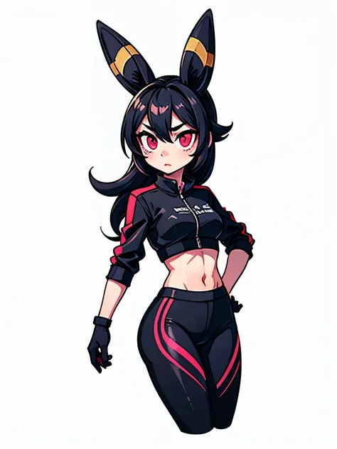 a girl with black hair, umbreon ears, red eyes, wearing black leggins shorts, pink sports bra, medium breasts, open black leather jacket, round ass, small hips, detailed face, beautiful detailed eyes, beautiful detailed lips, extremely detailed eyes and fa...