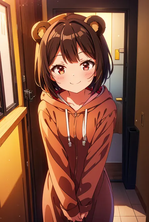 1 girl, High resolution, short hair, Brown hair, hood, blush, smile, ray tracing, in brown pajamas with black in room Multicolored eyes, bear ears, 